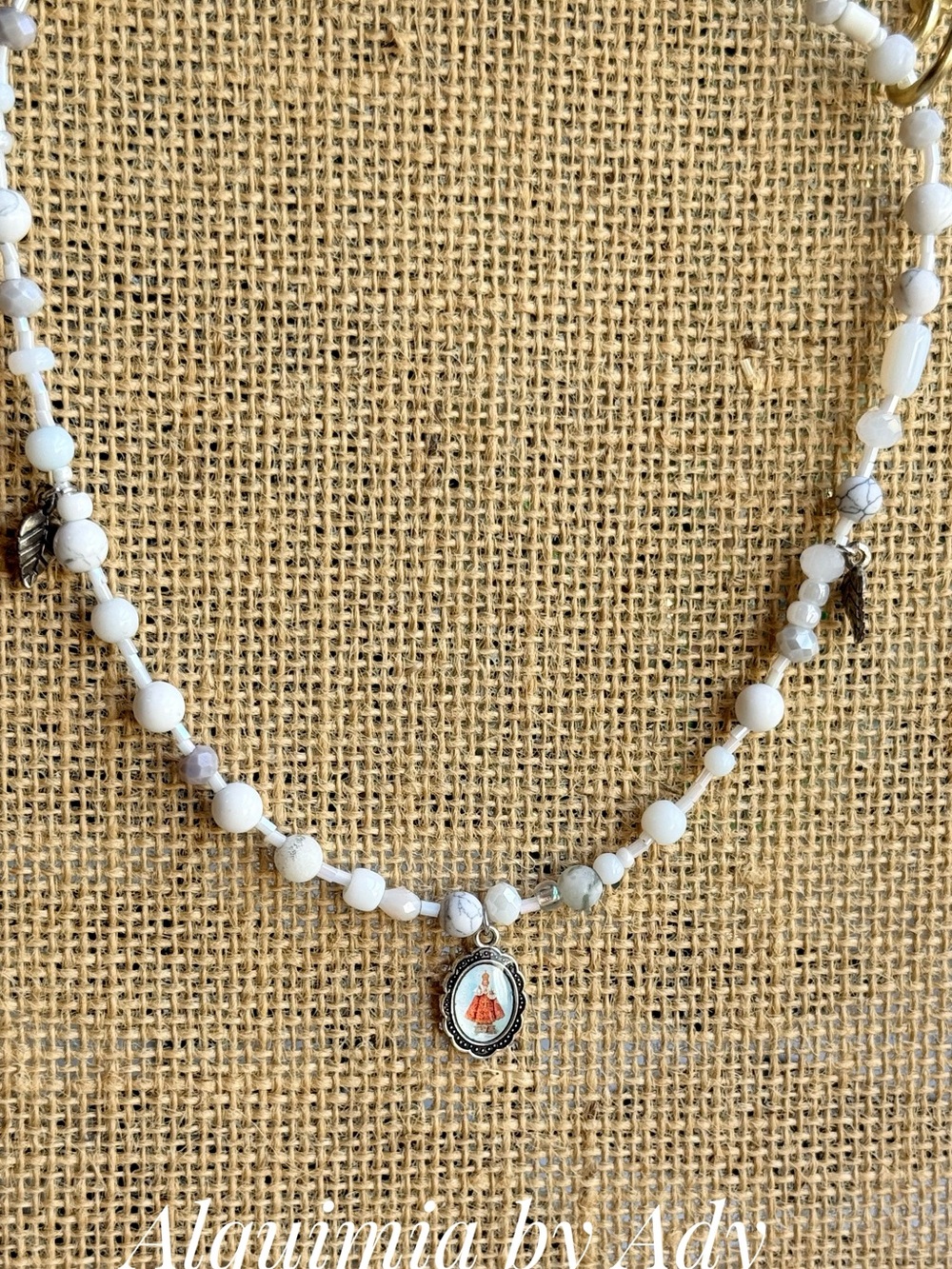 Alquimia White Beaded Necklace with Saint Pendant and Silver Accents